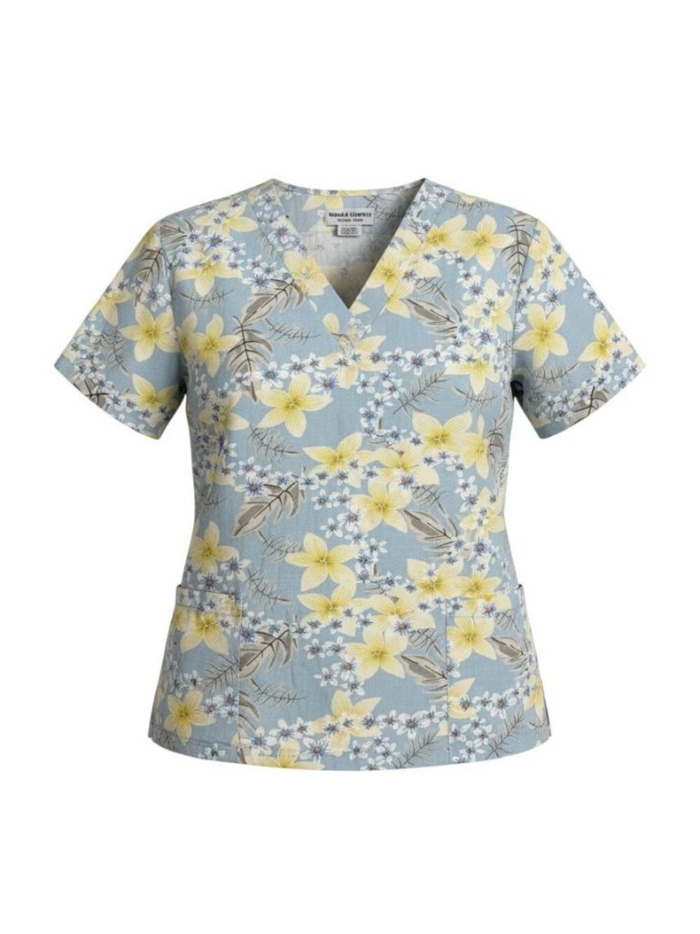 Natural Uniforms Womens Blue & Yellow Floral V-Neck Short Sleeve Scrub Top XS